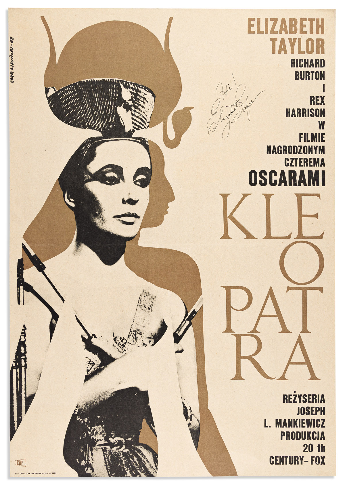 TAYLOR, ELIZABETH. Polish movie poster for Cleopatra Signed and Inscribed, Hi!,